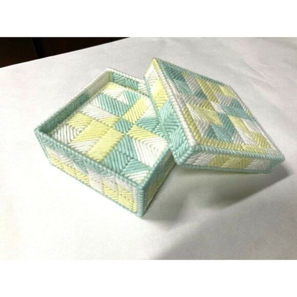 Unbranded Other - Vintage Handmade Plastic Canvas Yarn 6 Coaster Set W/ Holder 4” Green Yellow
